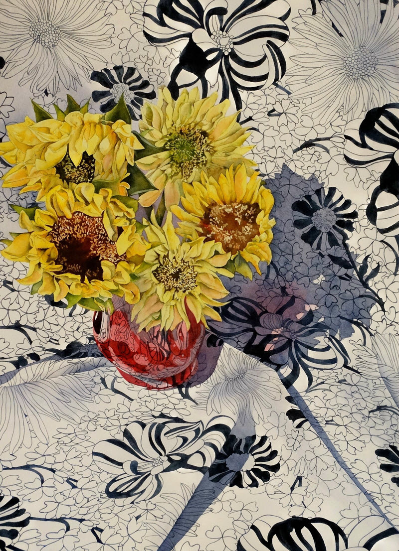 Sunflowers in a Red Vase, a watercolor painting by Deb Ward